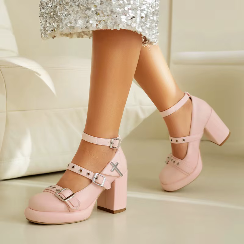 Casual Closed Toe Buckle Belt Strap Platform Chunky Pumps High Heels - Image 10