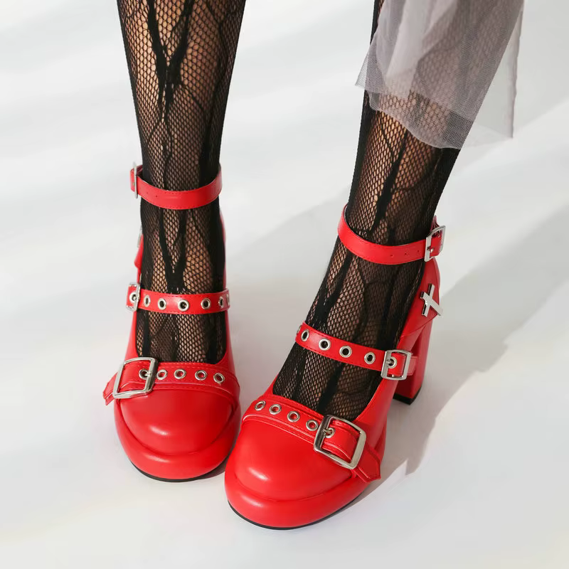 Casual Closed Toe Buckle Belt Strap Platform Chunky Pumps High Heels - Image 5