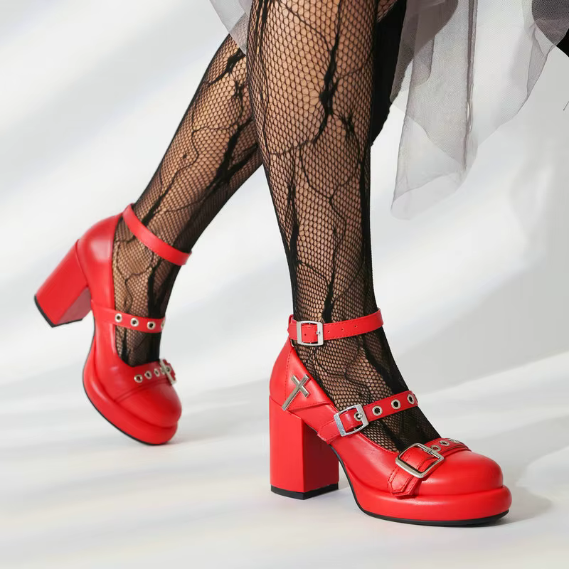 Casual Closed Toe Buckle Belt Strap Platform Chunky Pumps High Heels - Image 6