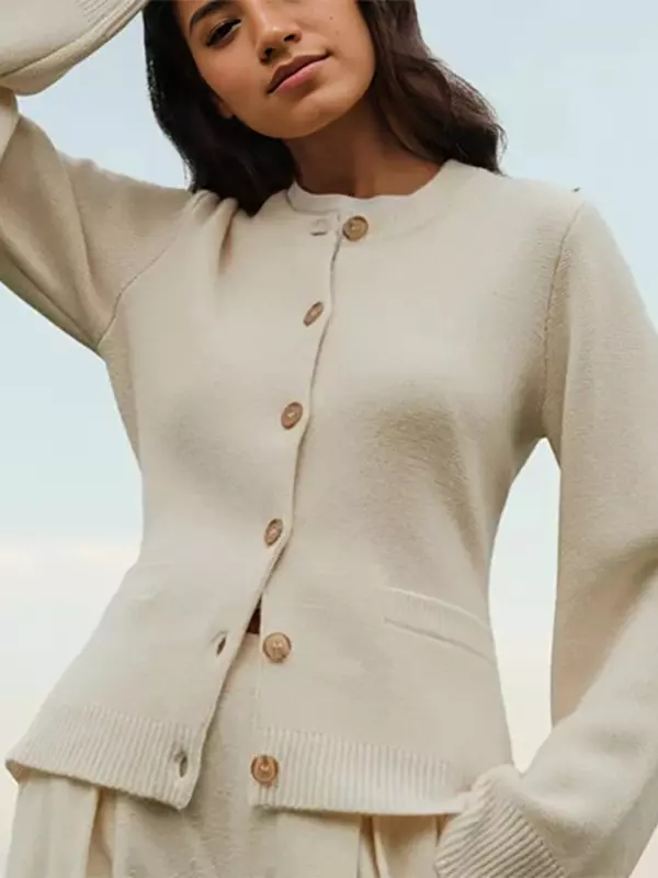 Casual Crew Neck Knitted Front Button Cardigan Long Sleeve Tops - Image 2