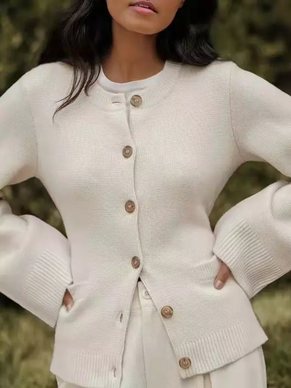 Casual Crew Neck Knitted Front Button Cardigan Long Sleeve Tops - Image 3