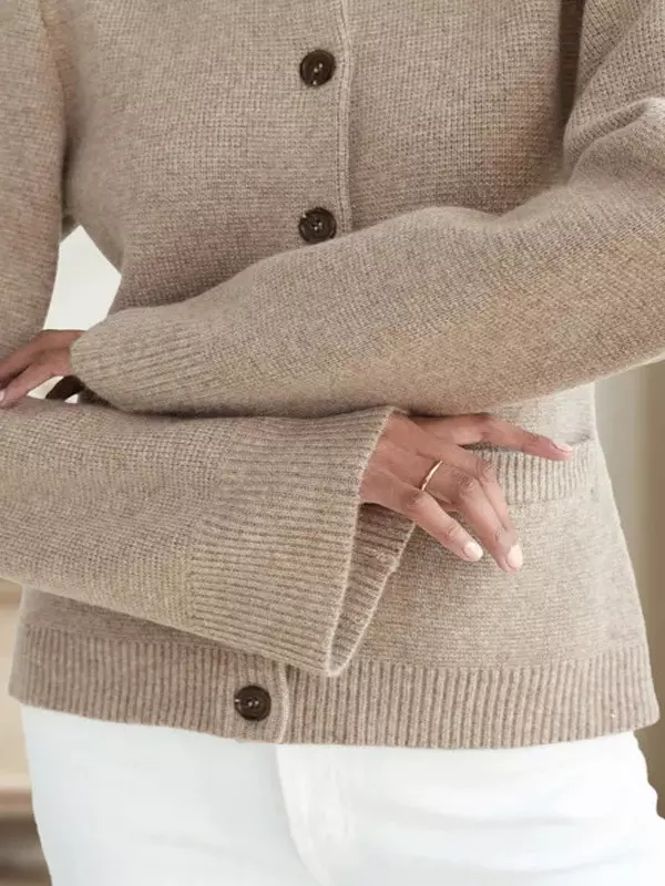 Casual Crew Neck Knitted Front Button Cardigan Long Sleeve Tops - Image 4