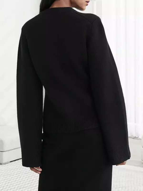 Casual Crew Neck Knitted Front Button Cardigan Long Sleeve Tops - Image 8