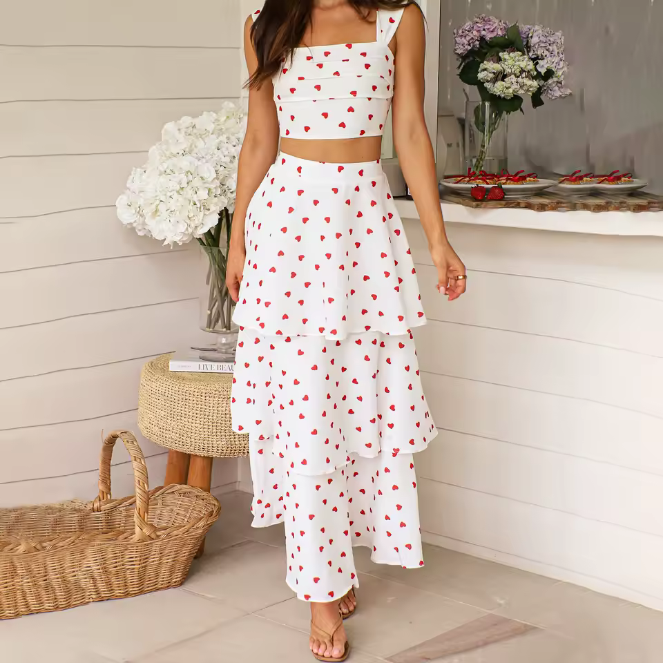 Casual Crop Tops And High Waist Layered A-line Long Skirt Heart Print 2 Piece Set - Image 4