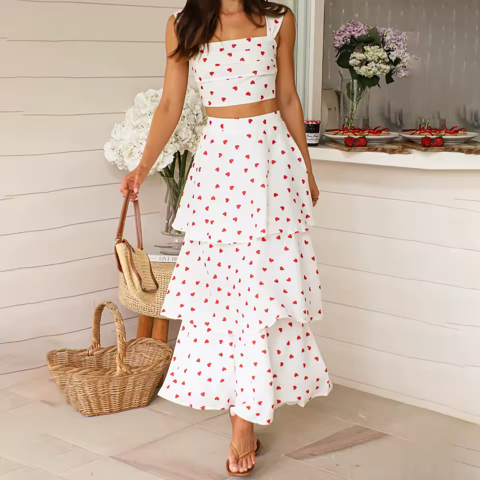 Casual Crop Tops And High Waist Layered A-line Long Skirt Heart Print 2 Piece Set