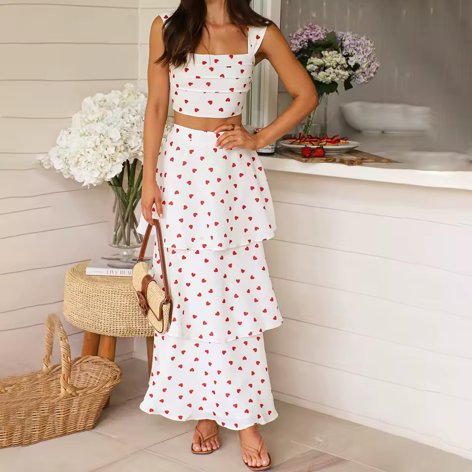 Casual Crop Tops And High Waist Layered A-line Long Skirt Heart Print 2 Piece Set - Image 3