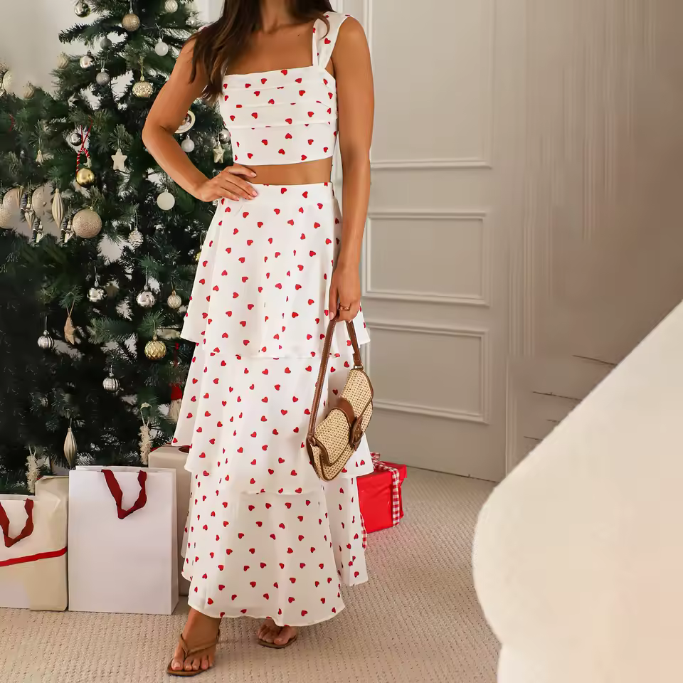 Casual Crop Tops And High Waist Layered A-line Long Skirt Heart Print 2 Piece Set - Image 2
