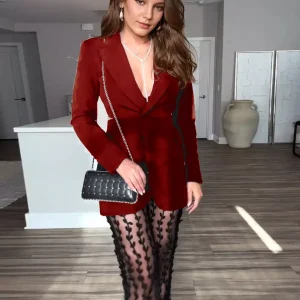 Casual Cut Out Blazer And Leaf Pattern Sheer Pants Two Piece Set