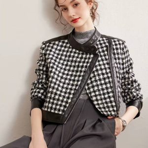 Casual Diagonal Zipper Thick Non Elastic Plaid Patchwork PU Jacket