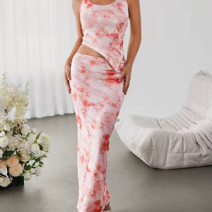 Casual Halter Backless Asymmetric Print Tank Top And Back Slit Long Skirt 2 Piece Set