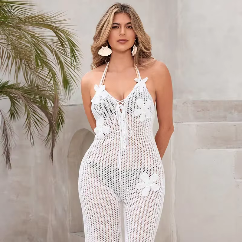 Casual Halter Lace Up Backless Beach Hollow Out Knit Jumpsuit - Image 3