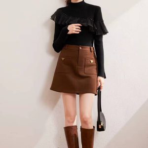 Casual High Neck Windproof Warm Beaded Splicing Folded Ruffle Edge Knitted Sweater