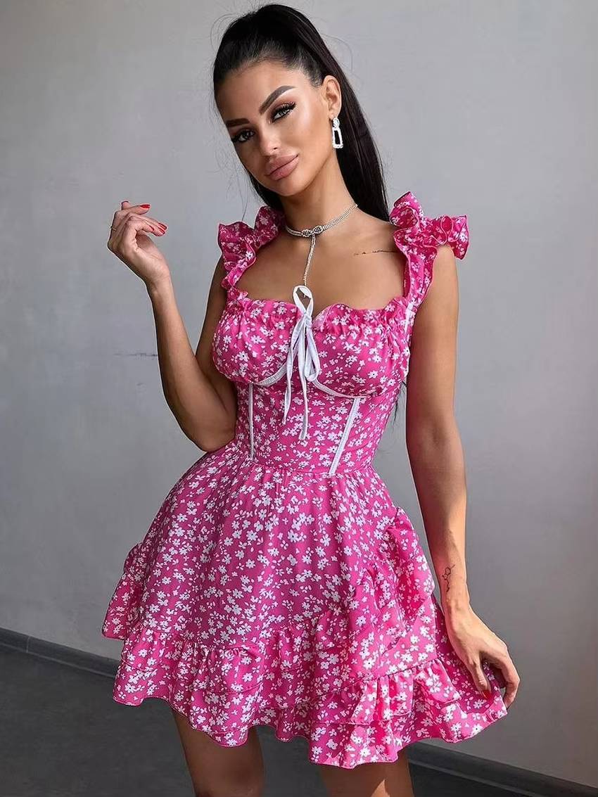 Casual High Waist Pleated Square Collar Sleeveless Slim Printed Mini Dress