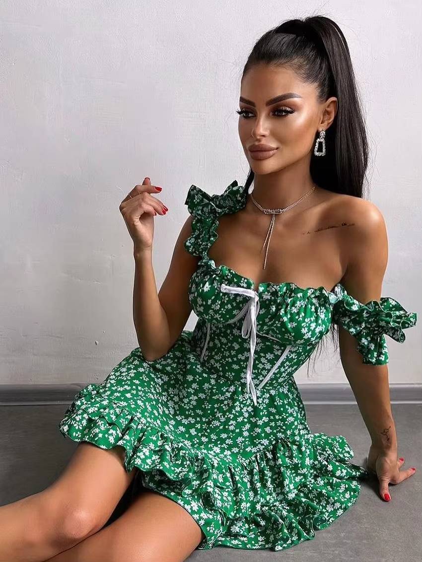 Casual High Waist Pleated Square Collar Sleeveless Slim Printed Mini Dress - Image 2