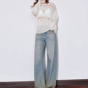 Casual Hollow Out Linen Lazy Style Long Sleeve Knitted Loose Top