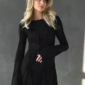 Casual Jewel Neck Long Sleeve Wave Pattern Bodycon Mini Dress