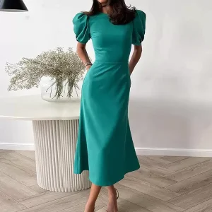 Casual Jewel Neck Short Puff Sleeve Polyester Beach Midi Dress