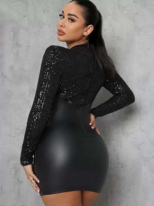 Casual Jewel Neck Sequins Long Sleeves Pencil Bodycon Dress - Image 5