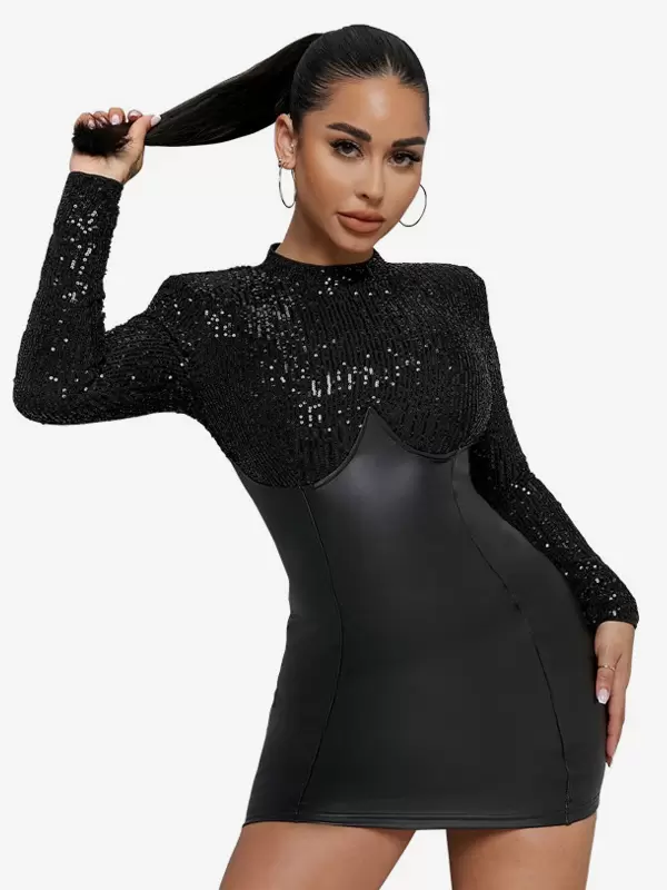 Casual Jewel Neck Sequins Long Sleeves Pencil Bodycon Dress - Image 3