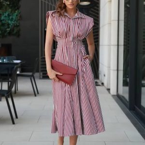 Casual Lapel Sleeveless High Waist Pleated Loose Stripe Printed Midi Dress4 Casual Lapel Sleeveless High Waist Pleated Loose Stripe Printed Midi Dress