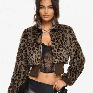 Casual Leopard Print Outerwear Fuzzy Cropped Zip-up Jacket
