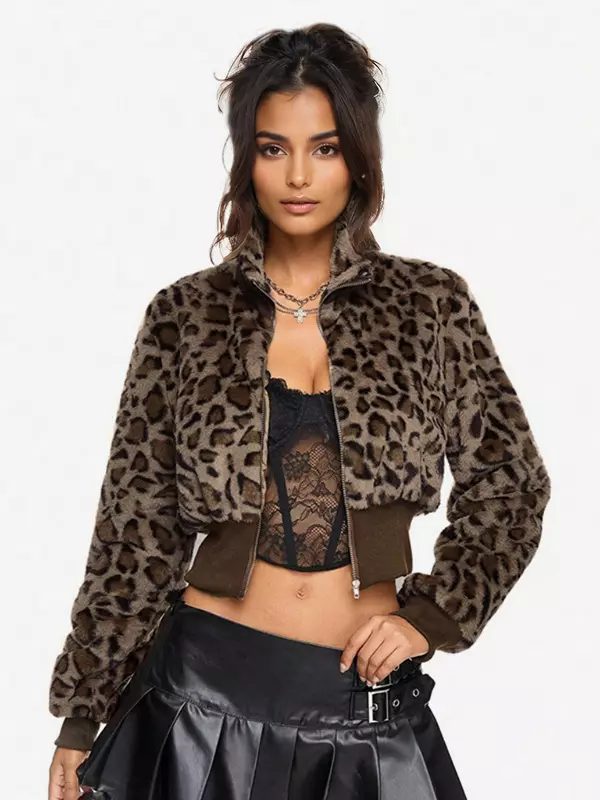 Casual Leopard Print Outerwear Fuzzy Cropped Zip-up Jacket