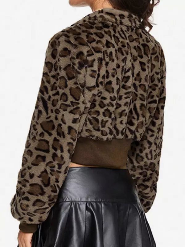 Casual Leopard Print Outerwear Fuzzy Cropped Zip-up Jacket - Image 3