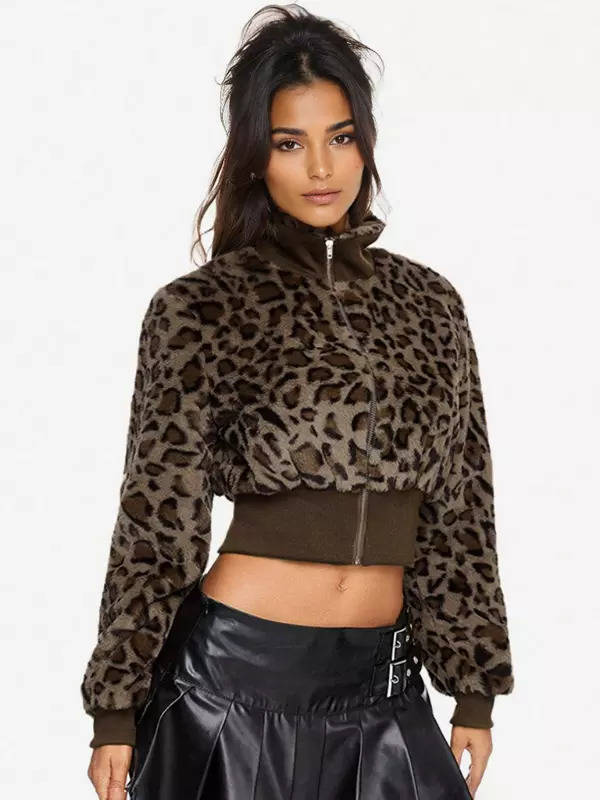 Casual Leopard Print Outerwear Fuzzy Cropped Zip-up Jacket - Image 2