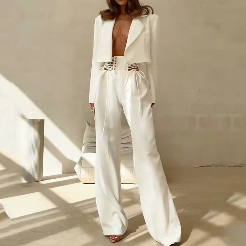 Casual Long Sleeve Lapel High Waist Jackets And Cut Out Lace Up Loose Pants 2 Piece Set