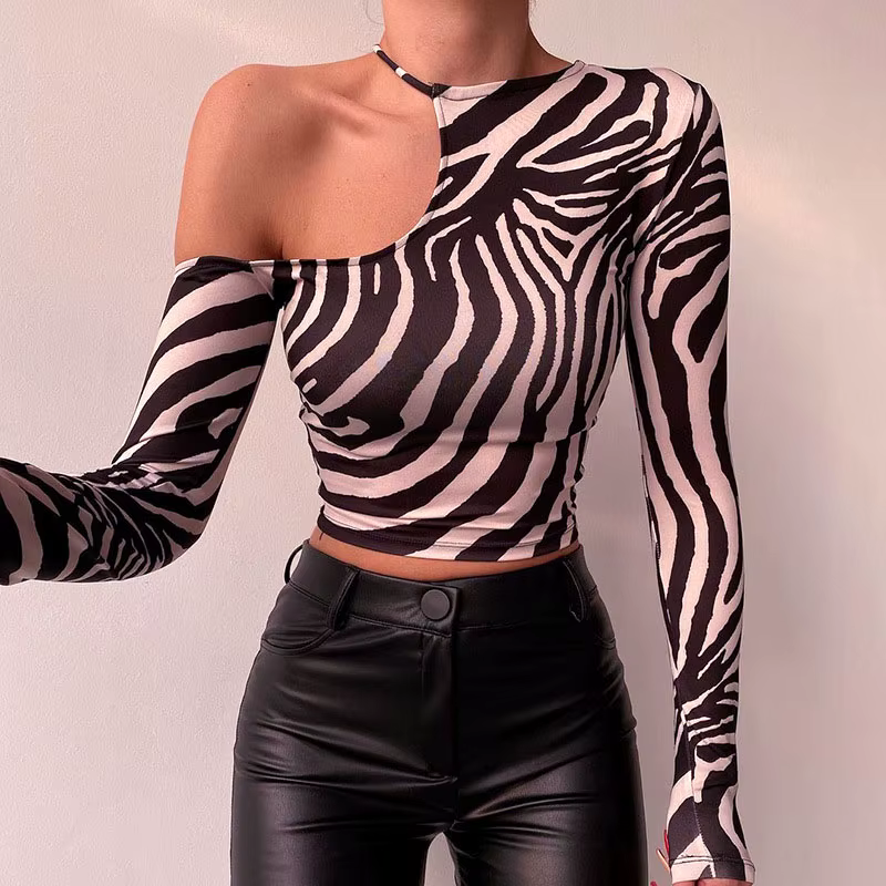 Casual Long Sleeve Strapless Zebra Print Irregular Streetwear Short Top