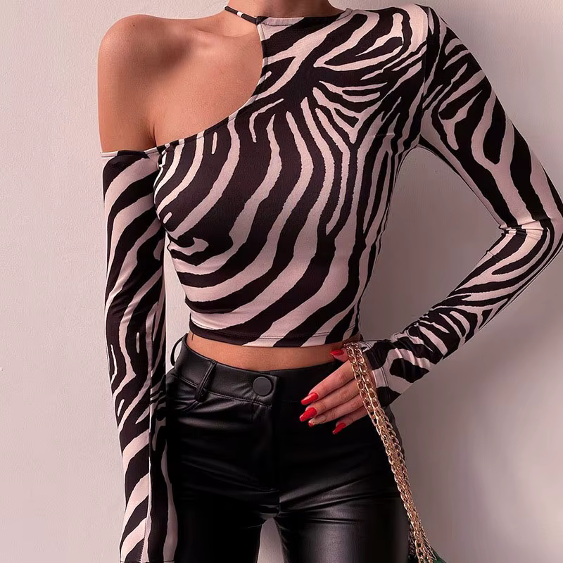 Casual Long Sleeve Strapless Zebra Print Irregular Streetwear Short Top - Image 2