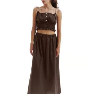 Casual Loose Cotton Strap Sleeveless Crop Top With High Waist Long Skirt 2 Piece Set