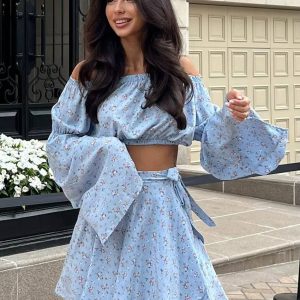 Casual Loose Printed Long Sleeve Crop Top With High Waist Mini Skirt  2 Piece Set