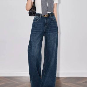 Casual Mid Waist High Street Wide Leg Full Length Straight Pants