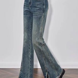 Casual Mid Waist Open Split Flare Leg Long Non Stretch Pants