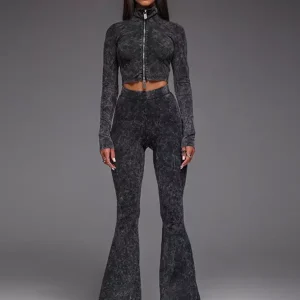 Casual Neck Zip-Up Crop Top And Flare Pants Two-Piece Set