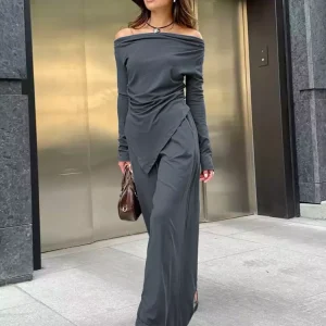 Casual Off-shoulder Ruched Top And Wide Leg Pants Two Piece Set 1 Casual Off-shoulder Ruched Top And Wide Leg Pants Two Piece Set