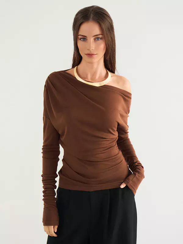 Casual One-Shoulder Ruched Street Wear Long Sleeve T-shirt - Image 3