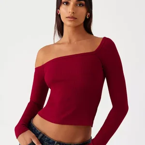 Casual One-Shoulder Solid Color Asymmetrical Long Sleeve T-shirt