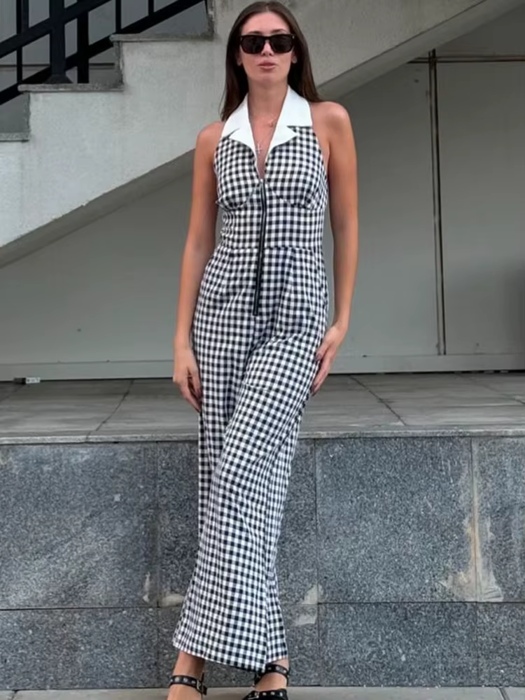 Casual Plaid Printed Contrast Color Lapel Halter Zip-up Straight Jumpsuits
