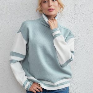 Casual Pullover Sweater Two-Tone Turtleneck Long Sleeves Sweaters