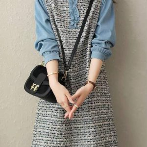 Casual Round Neck Lace Pleated Button Spliced Loose Mini Dress