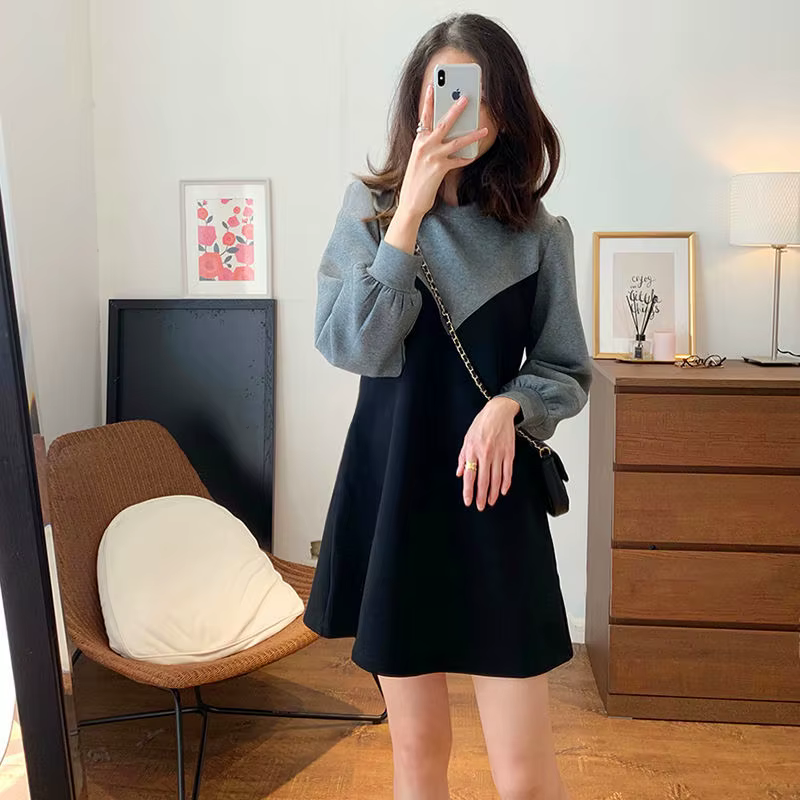 Casual Round Neck Lantern Sleeve Patchwork Loose Mini Dress Two-piece Set - Image 5