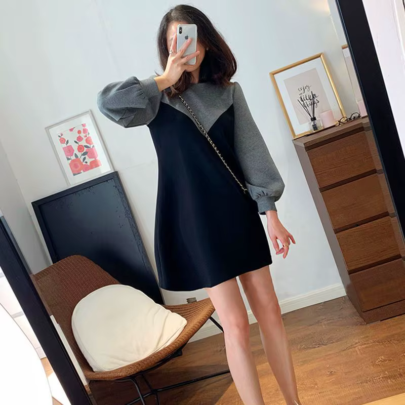 Casual Round Neck Lantern Sleeve Patchwork Loose Mini Dress Two-piece Set - Image 6