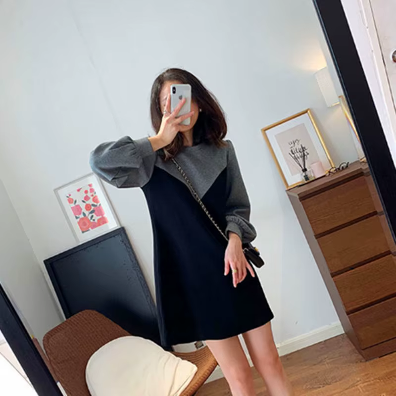Casual Round Neck Lantern Sleeve Patchwork Loose Mini Dress Two-piece Set - Image 2