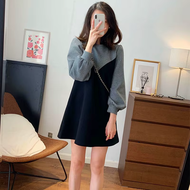 Casual Round Neck Lantern Sleeve Patchwork Loose Mini Dress Two-piece Set