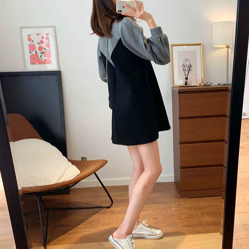 Casual Round Neck Lantern Sleeve Patchwork Loose Mini Dress Two-piece Set - Image 4