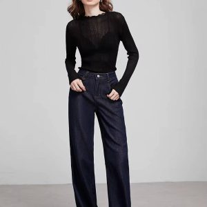 Casual Ruff Collar Turtleneck Linen Slim Fit Bottom Pullover Knitted Top