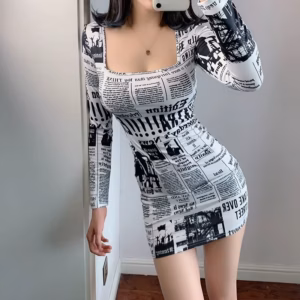 Casual Ruffle Square Collar Printed Medium Stretch Slim Fit Mini Dress