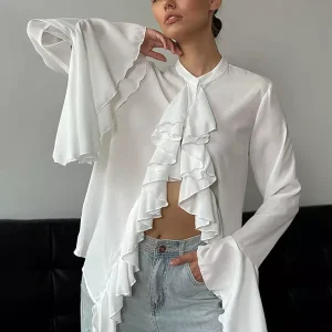 Casual Ruffled Blouse With Bell Sleeve Crew Neck Tops